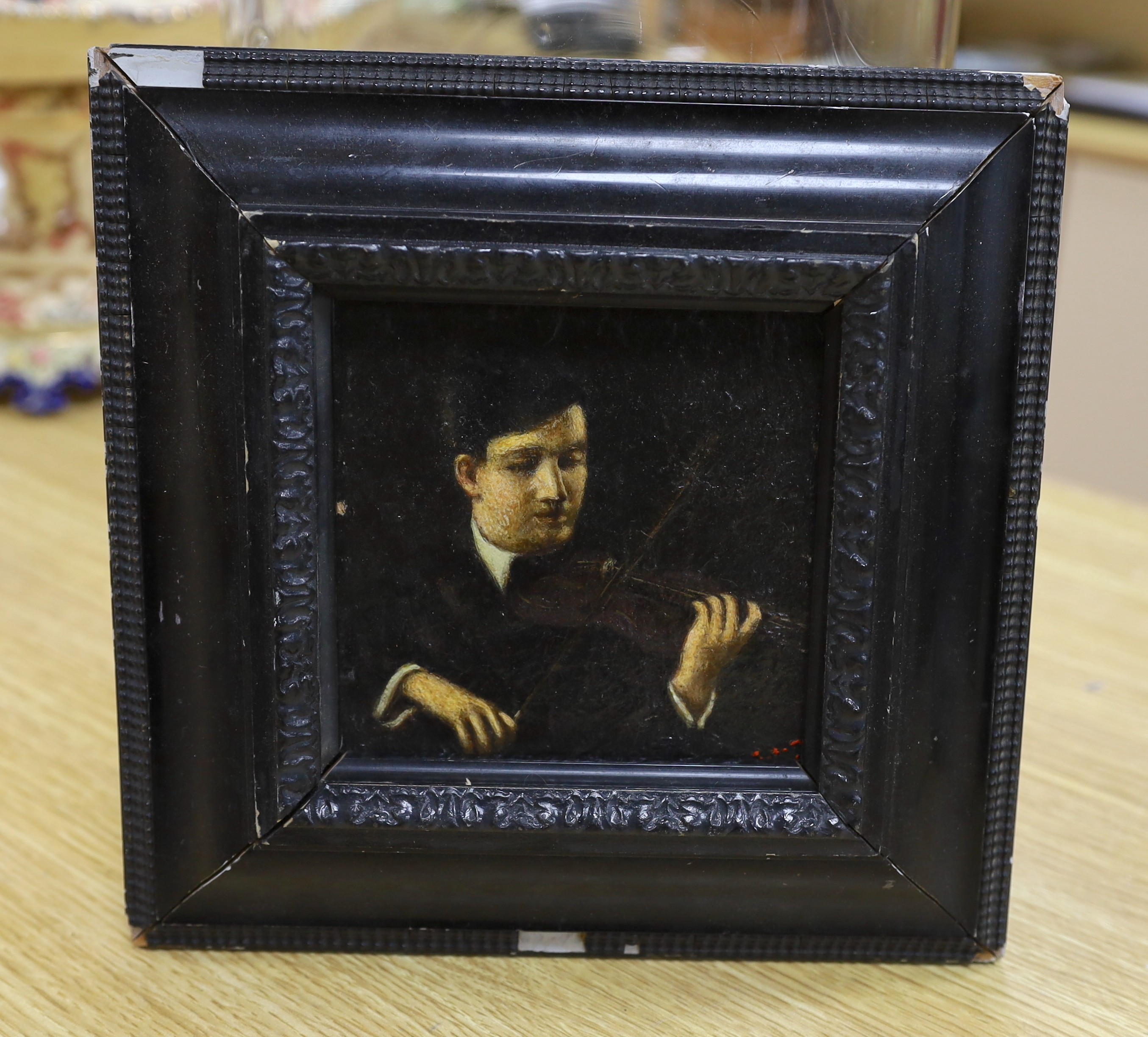 English School, oil on card, Portrait of a violinist, initialled, 12 x 12cm